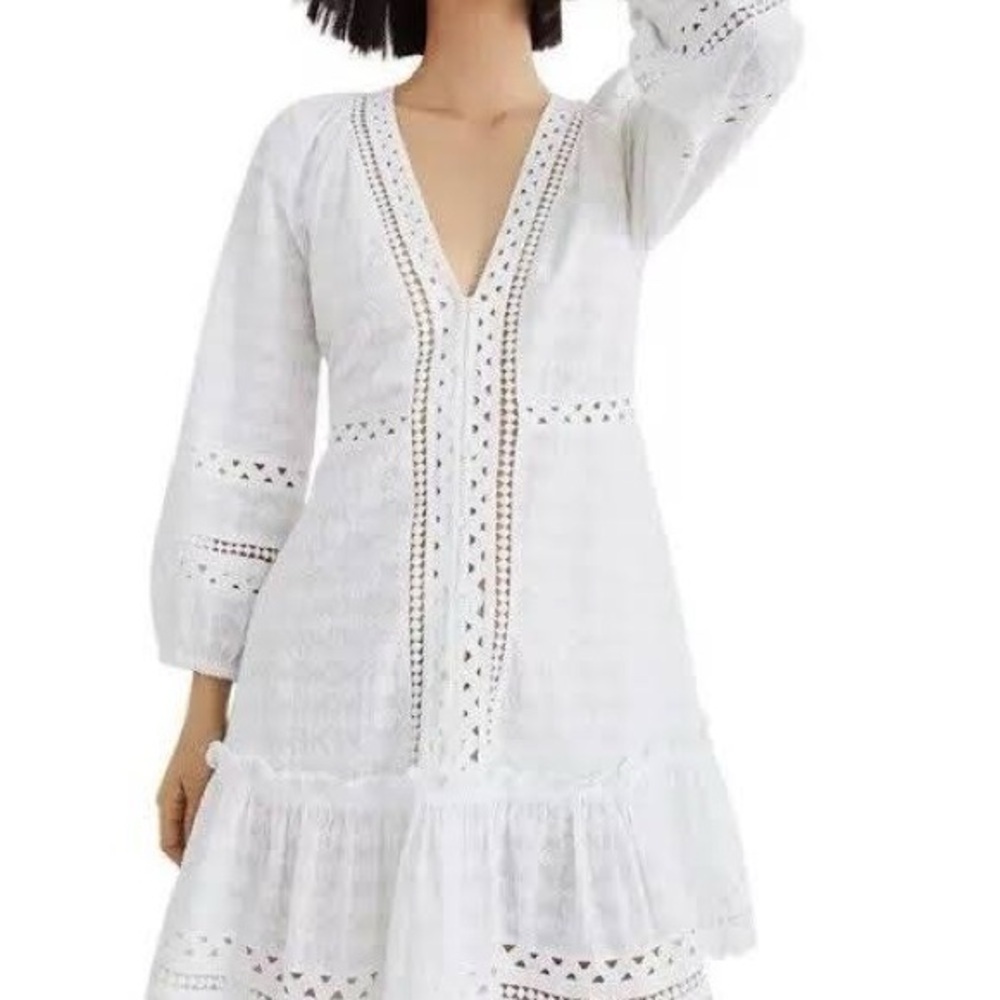 Veronica Beard Daeja V-Neck Eyelet Intricate Lace 3/4 Sleeves Mini Dress Size XS